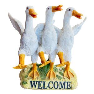 Welcome Sign Dancing Ducks Statue Home White Bird Sculpture Garden Accent New